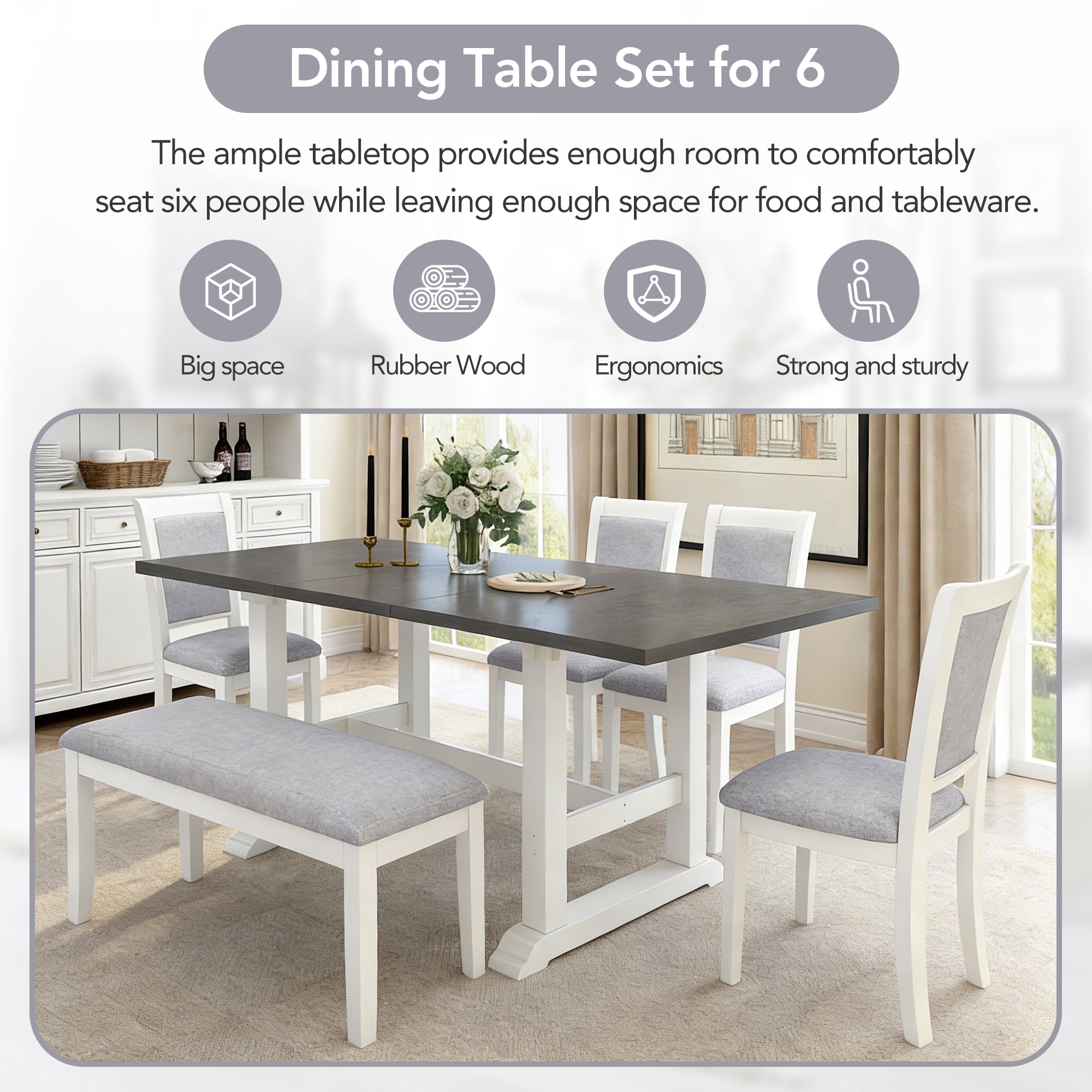 Euroco 6 Piece Farmhouse Dining Table Set for 6, 76.9" Extendable Trestle Kitchen Table Set with 4 Upholstered Chairs,1 Bench & Removable Leaf,Wood Kitchen Table and Chairs Set for Dining Room,Gray
