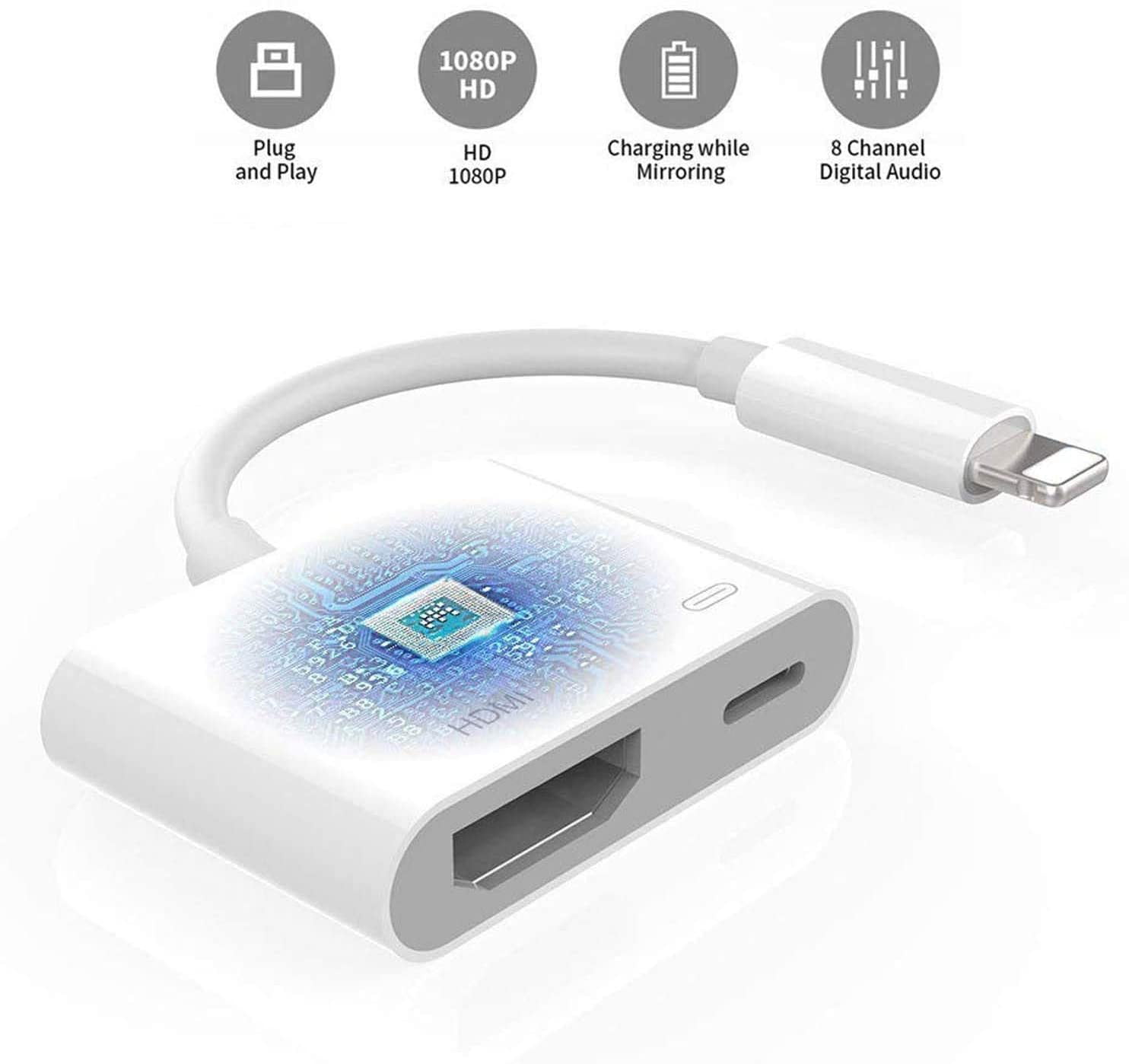 for iPhone Lightning to HDMI Adapter,1080P Digital AV Audio Adapter Sync Screen with Charging Port iPad and iPod Models on TV/Monitor/Projector for iPhone11/Xs/XR/X/8P/8/ P7/7 Apple MFi Certified 