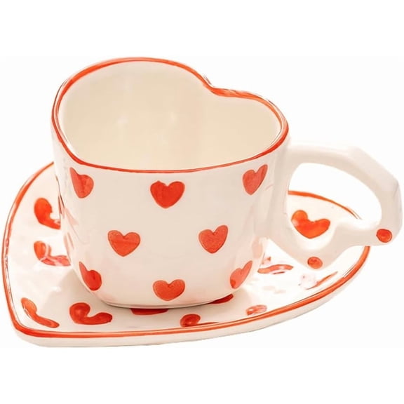 Heart Shaped Ceramic Coffee Mug Set with Saucer, Tea Cup, Breakfast Cup, Dessert Plate-Red-8 OZ