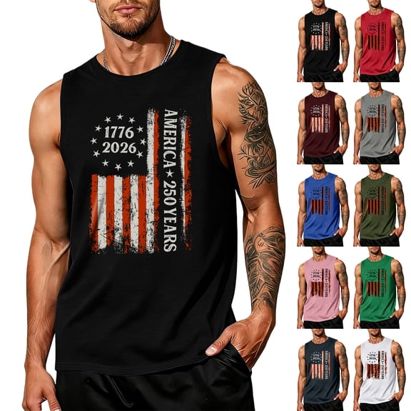 Men's America 250 Years Tank Top with Patriotic Flag Graphic and Sleeveless Design Featuring Vintage Distressed Print Army Green L