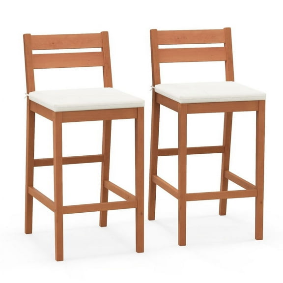 Resenkos Set of 2 Outdoor Wood Barstools with Soft Seat Cushion-Off White for Balcany, Poolside