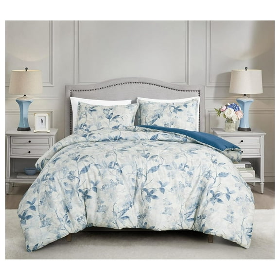 Monica 3-Piece Boho Floral Comforter Set, King - Blue Gray White Tropical Flower Textured Printed Microfiber Lightweight Bedding Set Blue Tropical Leaves