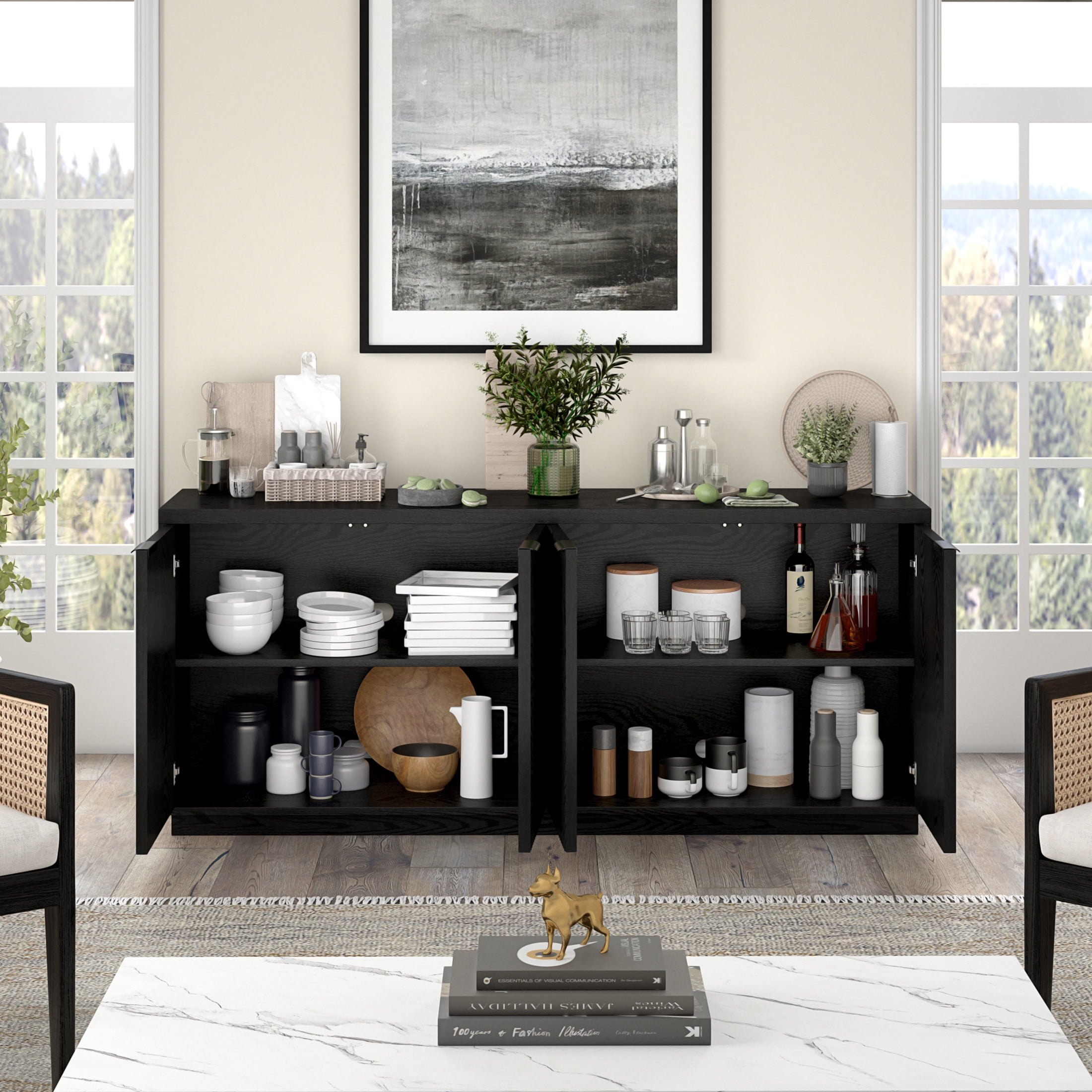 Evelyn&Zoe Modern/Contemporary 68" Wide Black Grain Buffet Table