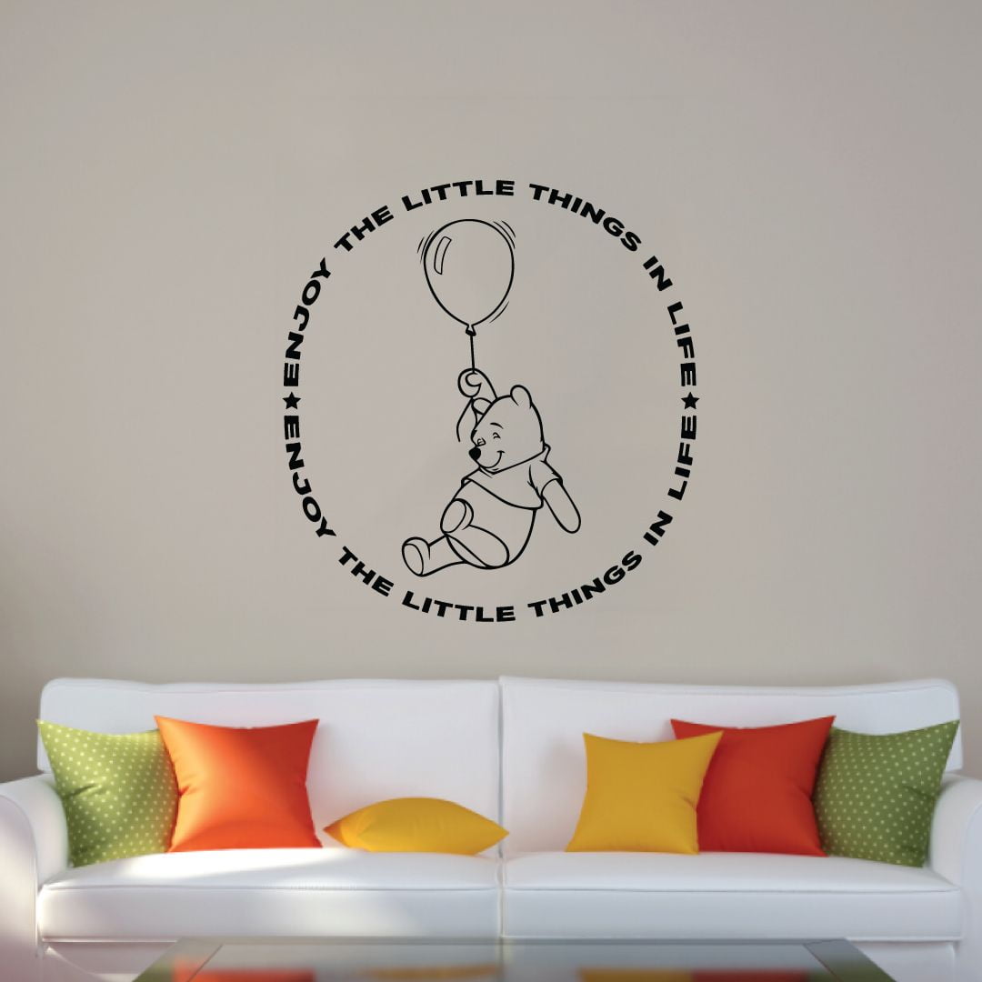 Enjoy The Little Things In Life - Quote Cute Happy Winnie The Pooh and Balloon Silhouette Vinyl Wall Art Decal Sticker Kids Room Boys Girls Home Wall Bedroom Living Room Decoration Size (20x18 inch)