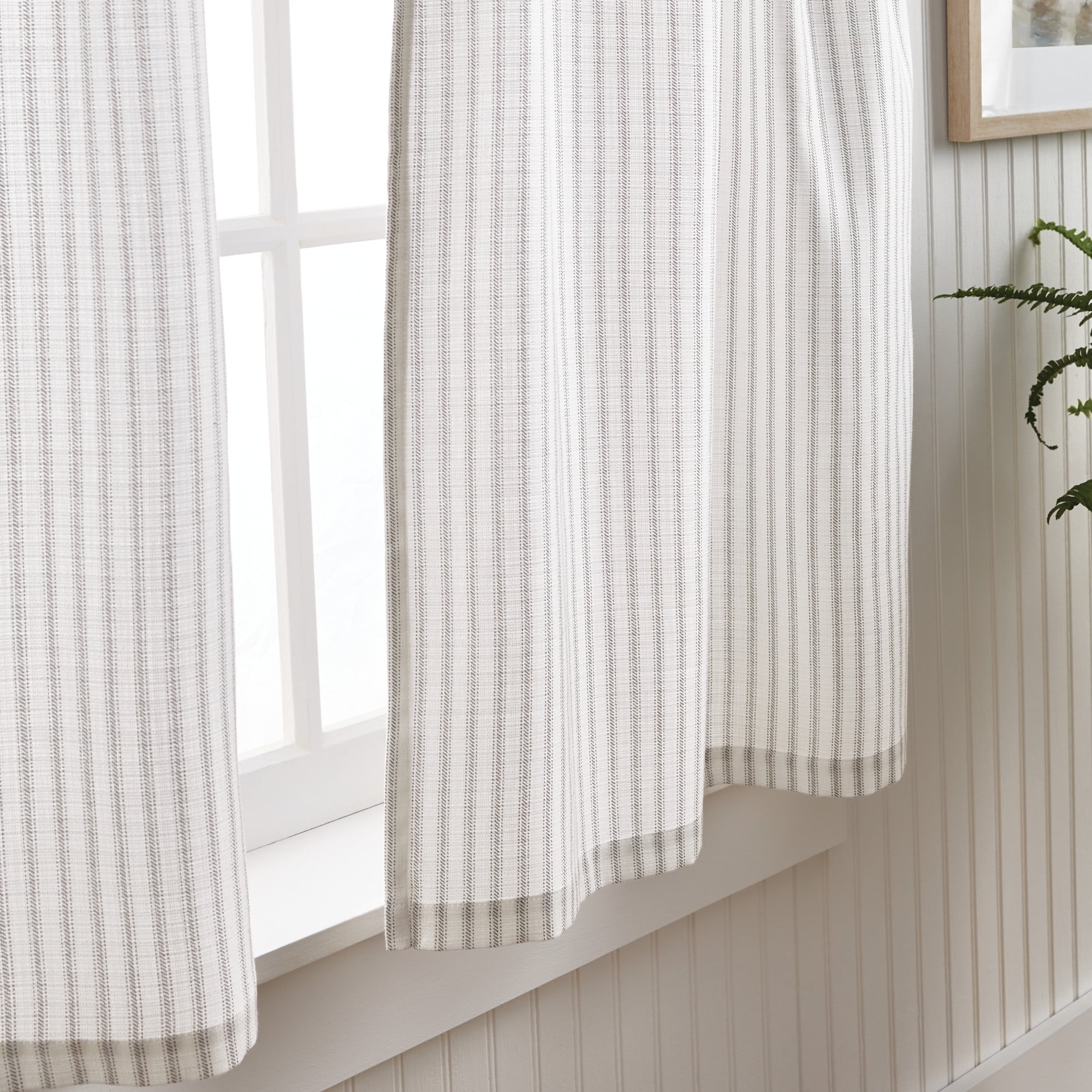Martha Stewart Ticking Stripe 3 Piece Valance & Tier Set, White/Grey, Rod Pocket, Indoor, Adult, 56" x 36"