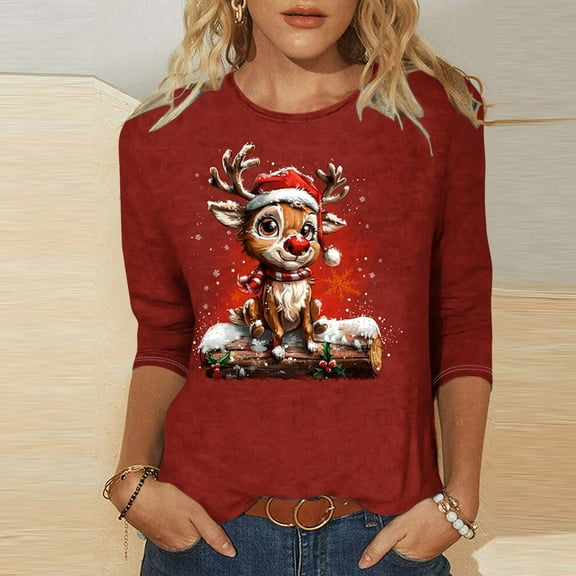 Wancir Merry Christmas 3/4 Sleeve Tops for Women Cute Xmas Tree Tshirts Plus Size Crew Neck Blouse Soft Holiday Pullover Tees