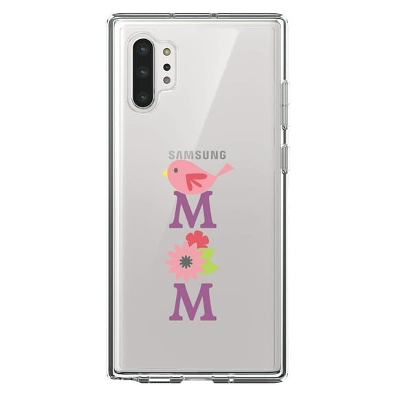 DistinctInk Clear Shockproof Hybrid Case for Galaxy Note 10 PLUS (6.8" Screen) - TPU Bumper Acrylic Back Tempered Glass Screen Protector - Mom - Pink Bird & Flowers