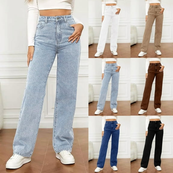 Lovzfmll Women Jeans, High Waisted Wide Leg & Straight Leg Palazzo Pants, Relaxed Fit Casual Denim Trousers with Pockets for Travel