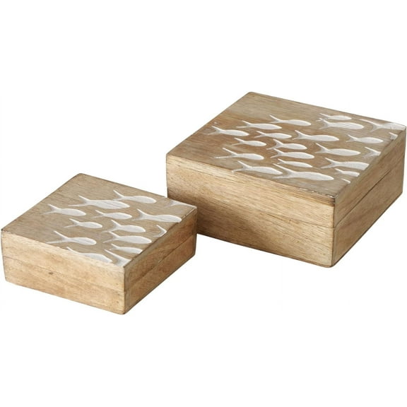 Cape Cod Boxes, Set of 2, Keepsake and Trinkets, Natural Wood with Carved White Fish Accents, Nesting, Hinged, 5.5 and 4 Inches
