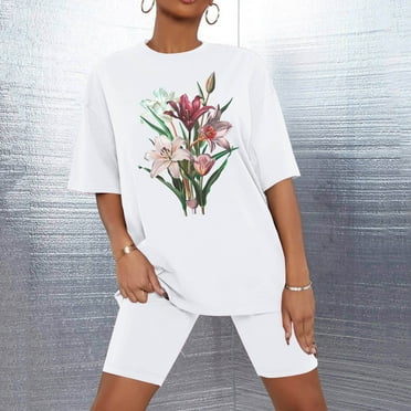 Riecok Pajamas for Women Crew Neck Comfywear Pockets Sexy Sleep Set Pajamas Solid Color Spring Loose Casual PJ Set Home Party Cozy Trendy Outfits Nightwear Two Piece White L