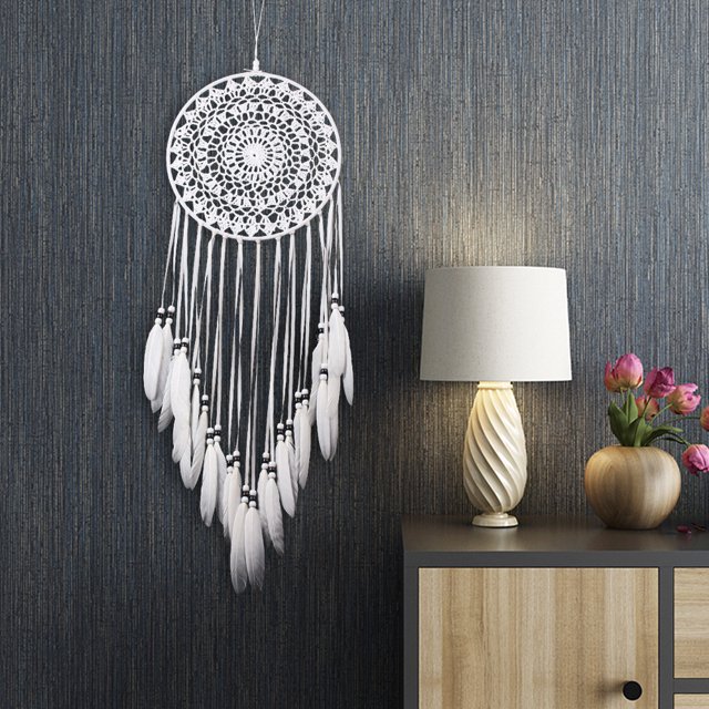 Grand attrape-rêves avec plumes blanches macramé à suspendre au mur pour décoration vintage de mariage ou maison - 80 cm de long Cercle de 20 cm de diamètre (blanc) Kuyhfg Bienvenido a Kuyhfg