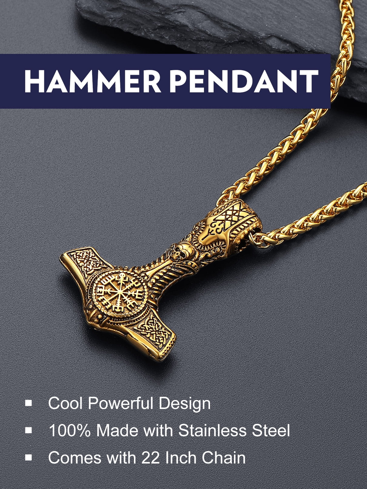 Bandmax Mens Black Thor Hammer Pendant with Compass Design Necklace 14K Gold Plated Mjolnir Thors Viking Nordic Pendant Chain for Men Gift