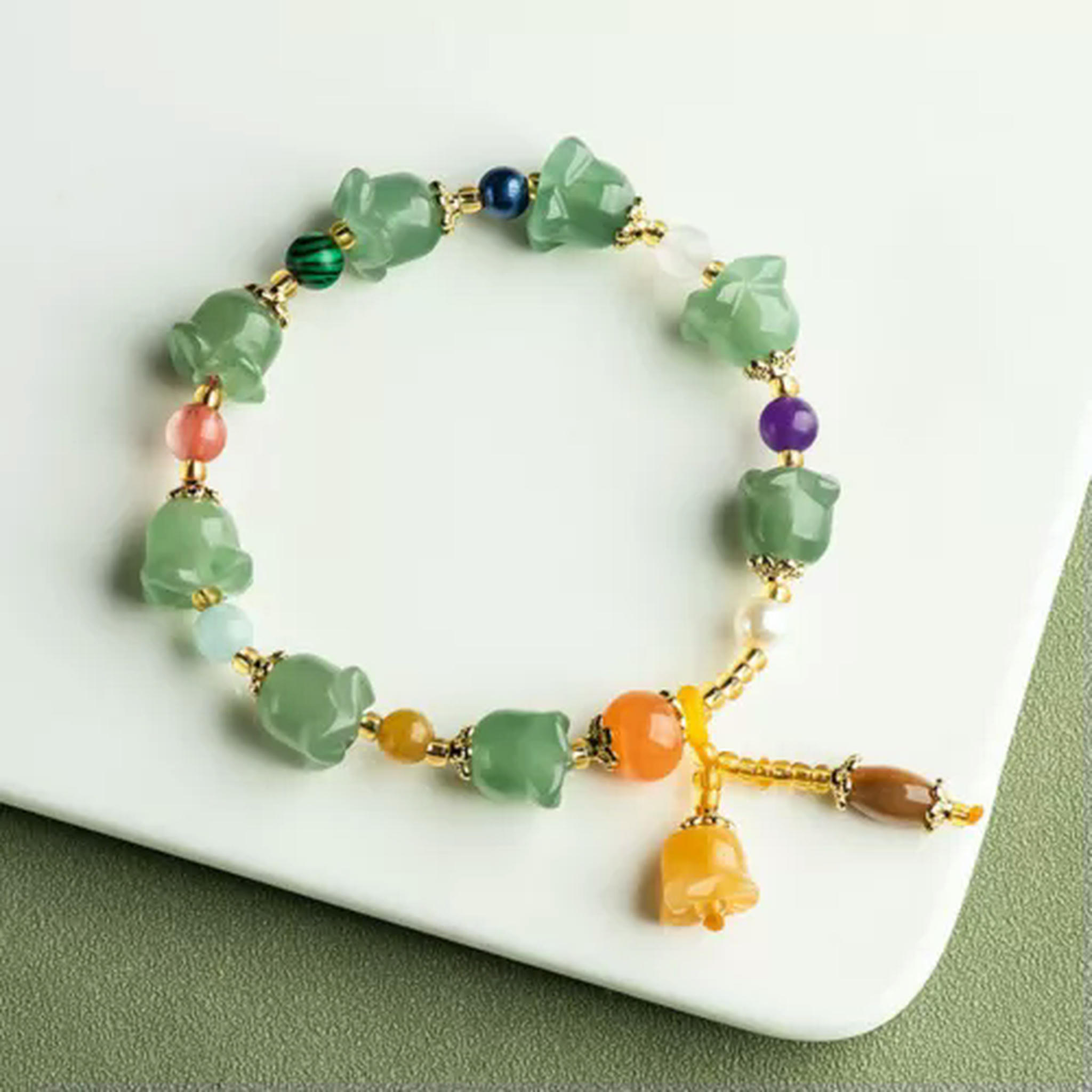 EOEMY Natural Jade Bangle Magnolia Flower Bead Link Women Lucky Gift Bracelet