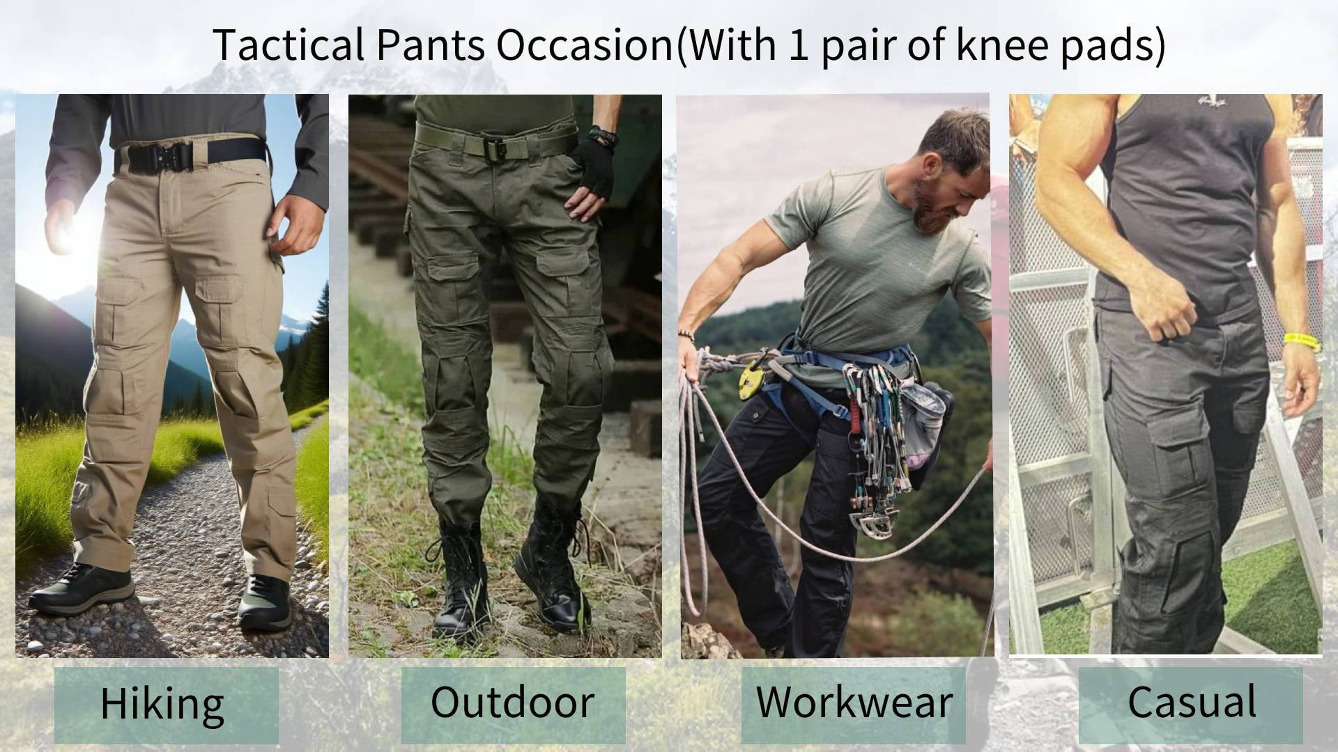 TRGPSG Men's Work Pants with Knee Pads, 10 Pockets ,Camo Outdoor Hunting Pants Waterproof Hiking Work Trousers(No Belt),Armygreen Size 32