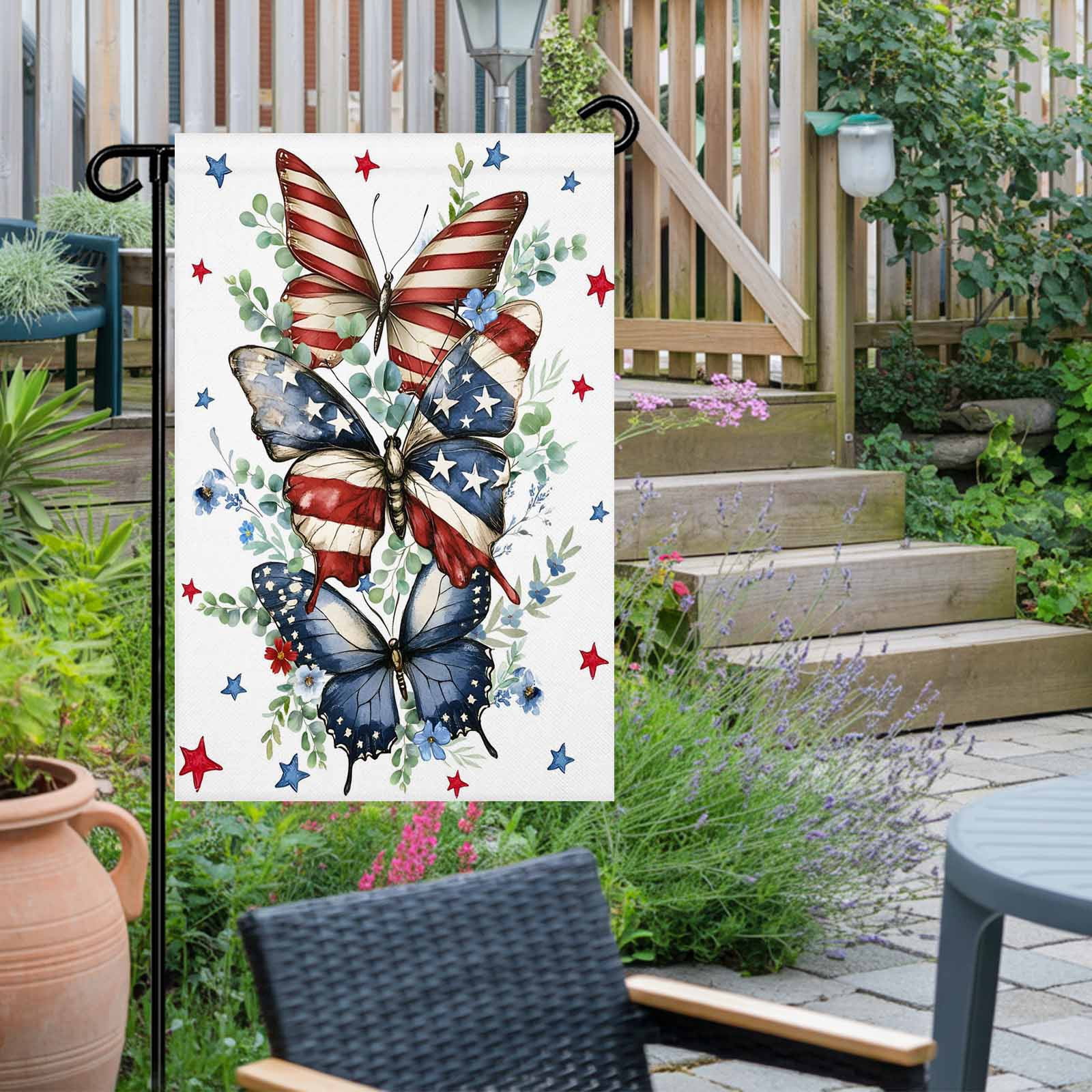 4th of July Garden Flags Red Blue Stars Butterfly Garden Flag Double Sided Welcome Flag Eucalyptus Leaves Independence Day Yard Flags for Outdoor Lawn Porch Memorial Day Holiday Decor 28x40 Inch