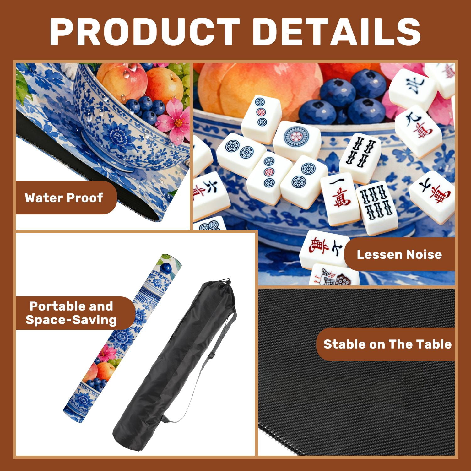 Mahjong Mat 31.5" x 31.5" Blue White Ceramic Dog Statues Floral Peach Details Vibrant Garden Non-Slip Noise Reduction American Mahjong Tiles Table Cover for Dominoes Poker Card Board Games Gift