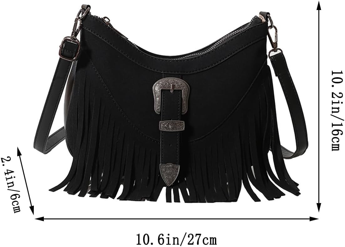 Women Fringe Hobo Bag Faux Suede Shoulder Bag Retro Crossbody Bag Boho Purse with Adjustable Strap