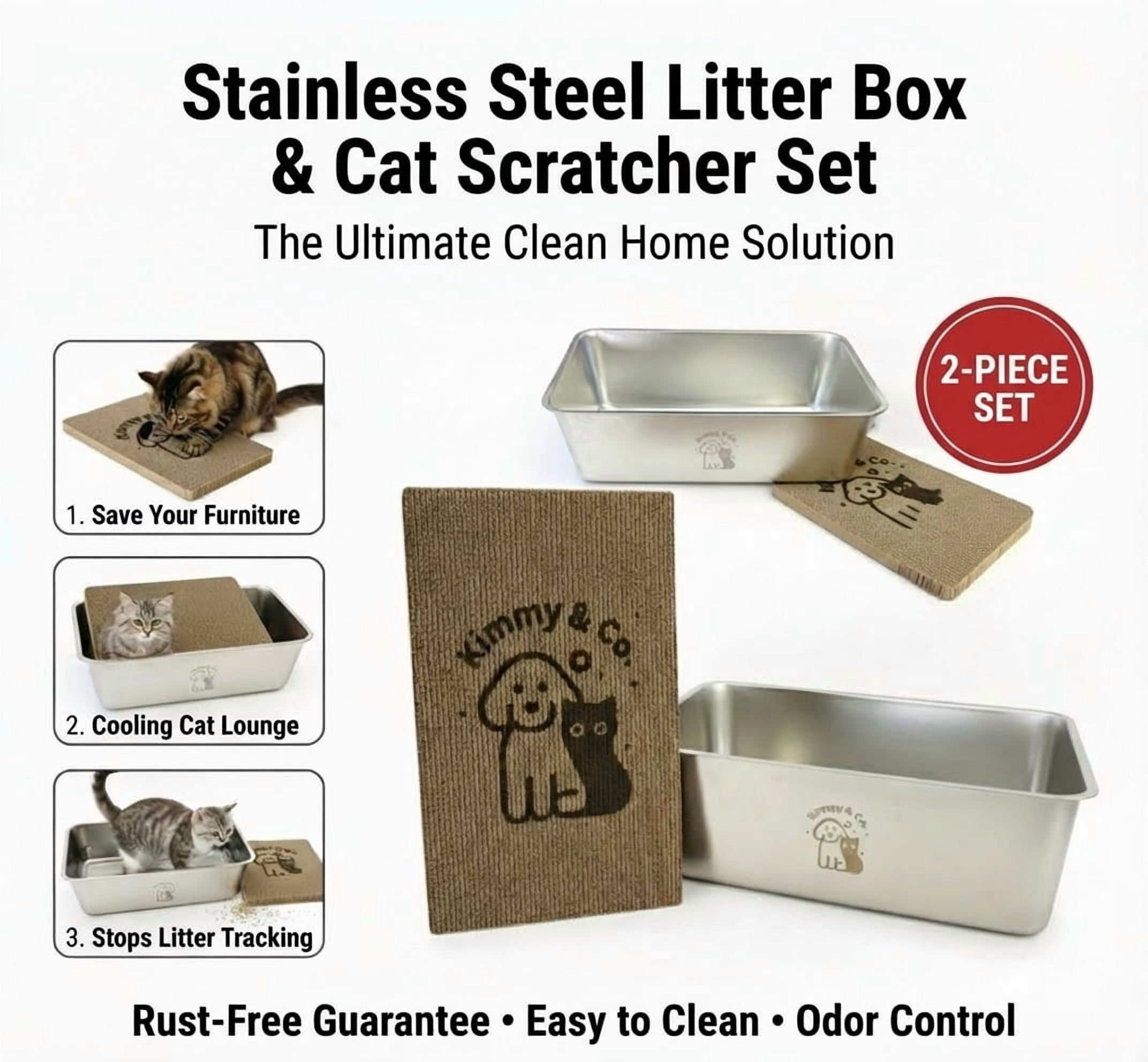 CrazyMall Extra Large Non-Slip Stainless Steel High-Sided Cat Litter Box Set with Multi-functional Eco-friendly Cat Scratcher, Silver