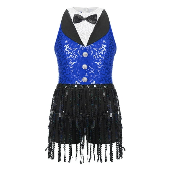 Sinleey Robe Justaucorps à Franges et Sequins pour Filles, Tenue de Danse Moderne, Bleu 10