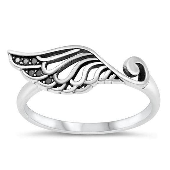 Cute Cutout Angel Wing Ring Black Cubic Zirconia .925 Sterling Silver Band Jewelry Female Size 5