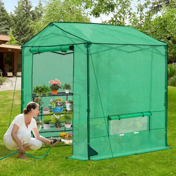 INTER HUT 6x6 Pop Up Walk-in Greenhouse, Indoor & Outdoor PE Cover Green House with Power Access Ports, Green
