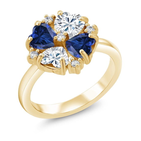 Gem Stone King 18K Yellow Gold Plated Silver Blue Created Sapphire and Moissanite Ring for Women (2.08 Cttw, Heart Shape 5MM, Gemstone September Birthstone, Size 9)