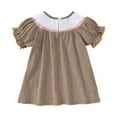 thumbnail image 4 of Leey-World Toddler Little Baby Girl Outfit Clover Smocked Dress Puff Short Sleeve Plaid Dress Irish Clothes Baby Dresses(Coffee,18-24 Months), 4 of 9