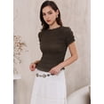 thumbnail image 4 of DARING DIVA Women's Smocked Plaid Short Sleeve Crew Neck Ruffle Tops Shirt L Deep Brown, 4 of 6