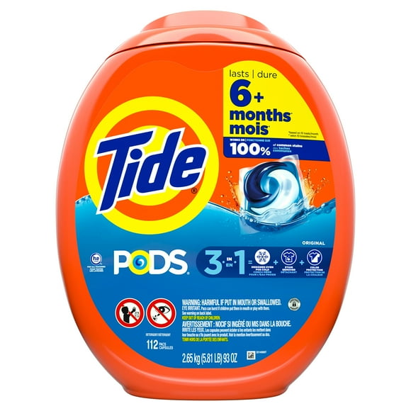 Tide PODS laundry detergent pacs, 3-in-1 Stain Remover, Odor Fighter, Color Protector, HE compatible, Original Scent, 112CT