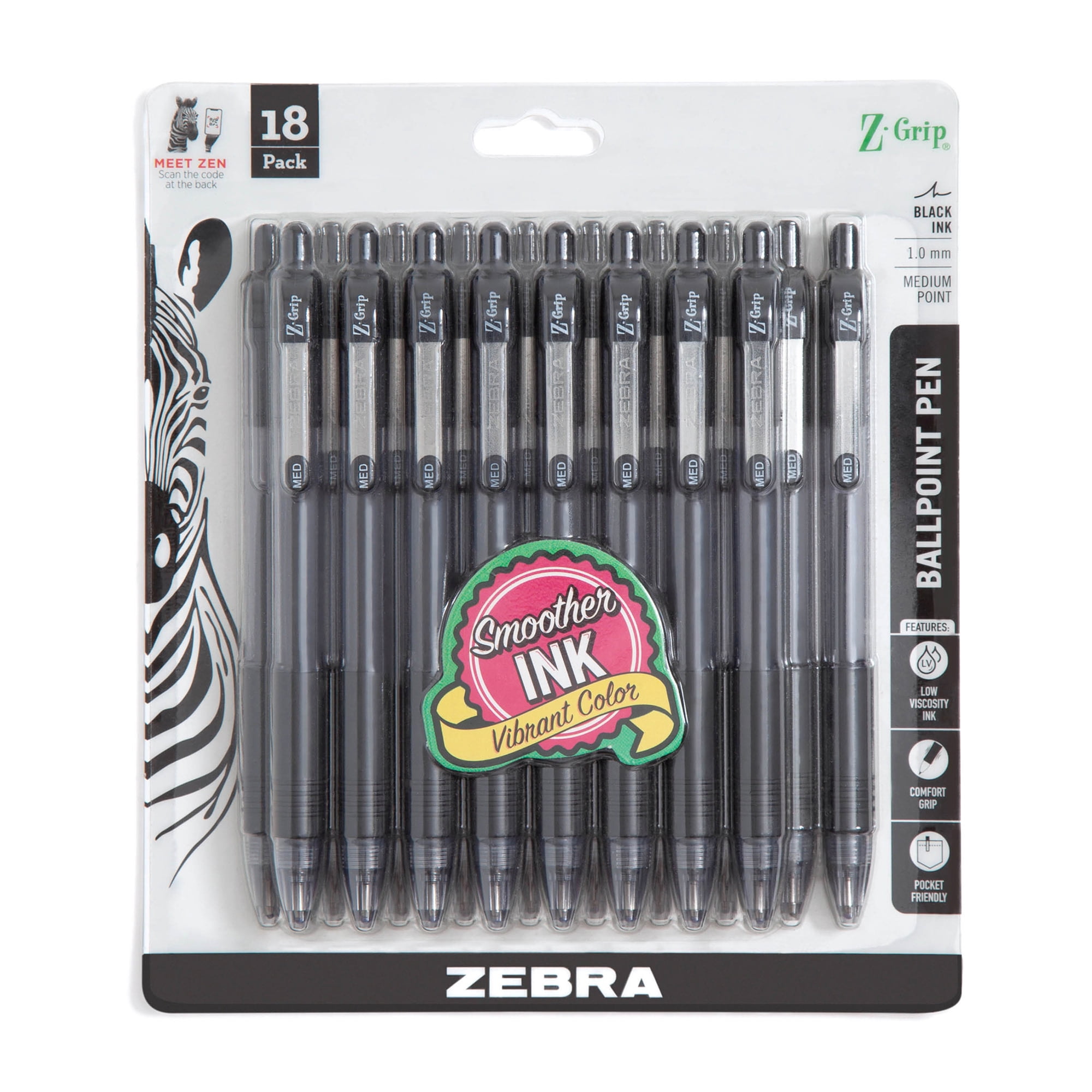 Z-Grip Retractable Ballpoint Pen, 1.0mm, Medium Tip, Black Ink, 18-Count