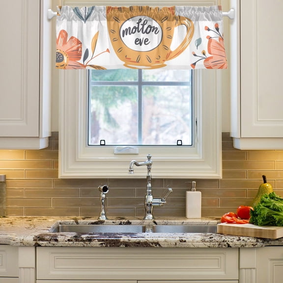 Cup with Flowers Curtain Valances Farmhouse Design Window Treatment Decor Blackout Rod Pocket for Windows Living Room Kitchen 54" x 18"