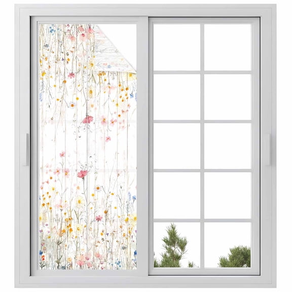 Vintage Flowers Privacy Window Film, Decorative Frosted Glass Window Film, Pink Blue Colorful Botanical Reusable Peel and Stick Static Cling for Home Bathroom Office Glass Door 23.6"x59"