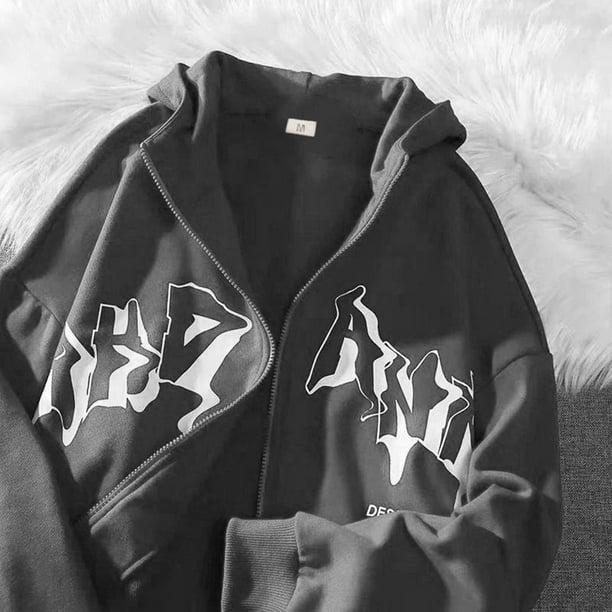 Men's Zip Up Hoodie Hop Streetwear Gothic Print Sweatshirt 90s