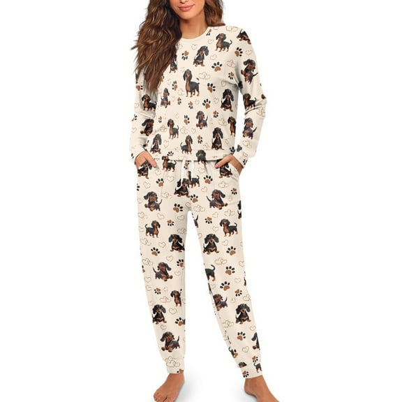 SCRAWLGOD Dachshund Pajamas Women Long Sleeve Nightwear for Women Jogger Pj with Pockets Crewneck Women Loungewear Elastic 2-Piece Sets for Women Size S