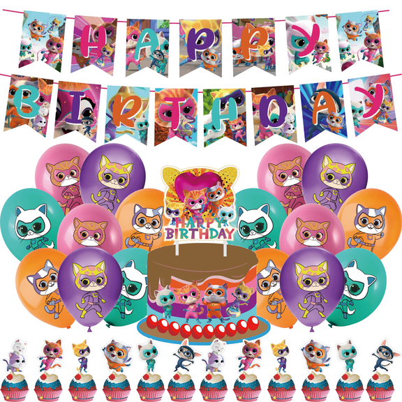 42 PCS For Super Kitty Birthday Party Decorations, With 1 Happy Birthday Banner Garland, 16 Balloons,25 Cupcake Toppers for decorative supplies set
