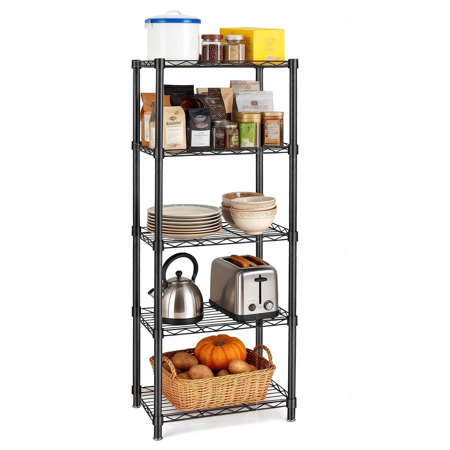 TAIMASI 5-Tier Metal Storage Shelves, Adjustable Black Organizer Rack with Leveling Feet, 11.8"D x 16.6"W x 53.5"H Storage Shelves for Pantry, Kitchen, Laundry, Bathroom Closet