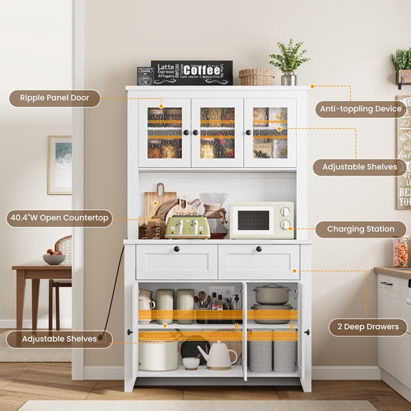 PYY 66" Kitchen Pantry Storage Cabinet Kitchen Hutch Coffee Bar with Storage Drawers, Tall Pantry Cabinet with LED Lights & Charging Station for Dining Living Room, Home Office, White