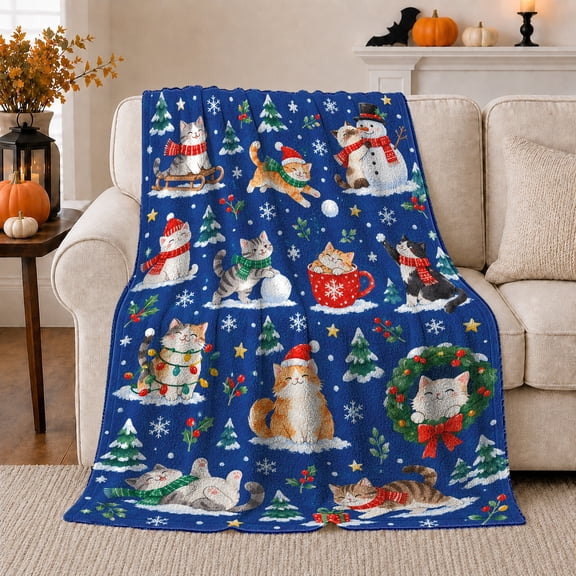 Playful Festive Winter Cats Snowy Scene Charming Watercolor, Playful Pet Portrait Pattern, Warm Flannel Blanket for Living Room and Bedroom, Cat Lovers Christmas Gift, Pet Lover Home Decor