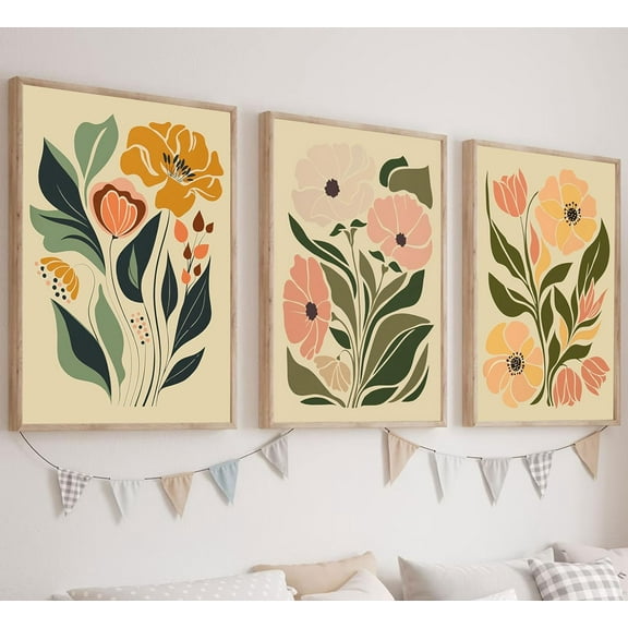 3Pcs d Boho Floral Canvas Wall Art Pictures Abstract Flower Market Posters Prints Botanical Painting Wall Decor for Living Room Bedroom Home Office 12x16in
