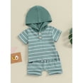 thumbnail image 3 of Suealasg Toddler Baby Boys Summer Outfits Clothes 6M 1T 2T 3T Infant Boys Short Sleeve Stripe Print Hooded T-Shirt Tops +Elastic Shorts 2Pcs Causal Clothing for Kids Boys, 3 of 9