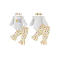 thumbnail image 2 of BemeyourBBs Infant Baby Girls Easter Chick Outfits Cute Girls Spring Clothes Long Sleeve Letter Print Romper Chicken Print Flared Pants Sets Headband Newbron Coming Home Outfit, 2 of 9