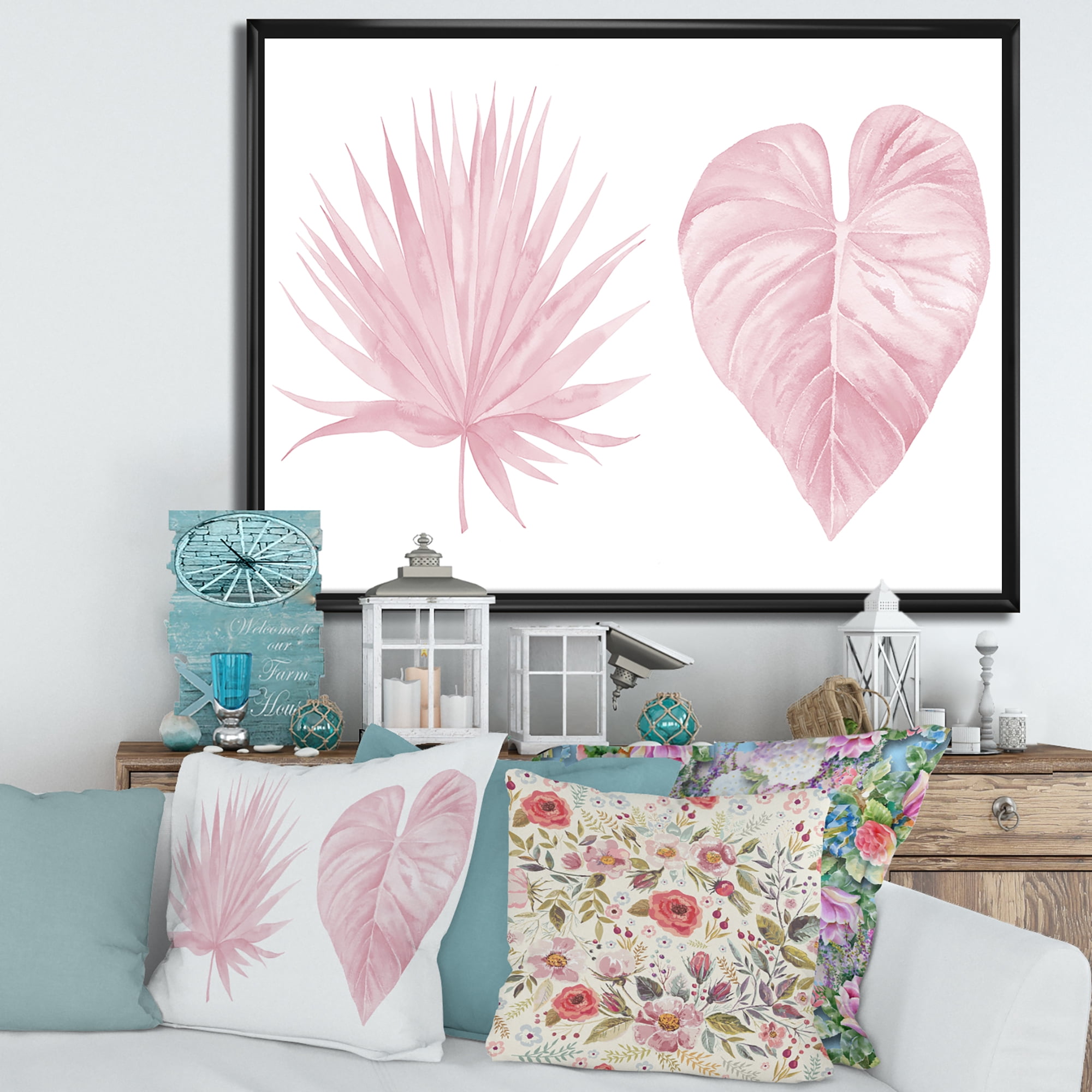 Designart 'Tropical Pink Watercolour Leaves On White II' Shabby Chic Framed Canvas Wall Art Print
