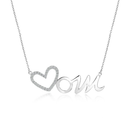 JeenMata Open Heart Mom with Decorated White Stone Pendant Necklace in 18K White Gold over Silver - April Birthstone - Gift for Mom