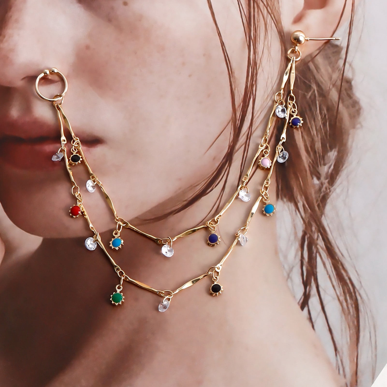Double Layer Nose Rings Hoop Chain Tassel Ethnic Body Piercing Jewelry for Women Girls Fashion Earring Piercing Accessory Nose to Ear Chain, 10 inches / 25.4 cm