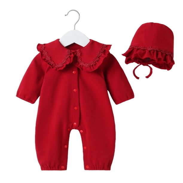 Gibobby Mamelucos para bebe niño Babys Newborn Infant Girls Sólido Primavera Invierno Botón de manga larga Mono Sombrero Ropa(Rojo, 6-9 Meses)