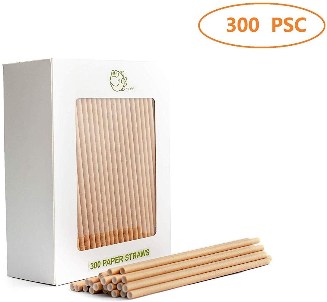 300Pack Biodegradable Paper Straws DyeFree Brown Kraft and Party