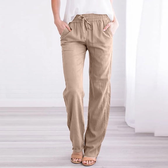 Inkach Women Casual Cotton And Linen Solid Drawstring Elastic Waist Long Straight Pants