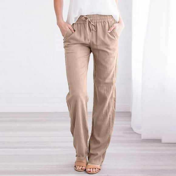 CEHVOM Women Casual Cotton And Linen Solid Drawstring Elastic Waist Long Straight Pants