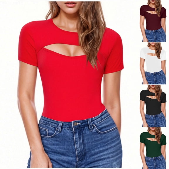 THDHVS Shirts for Women,Lace Detail T Shirt Combines Solid Color Base with Delicate Cut Out Accents for Textured Interest,Womens Casual Tops