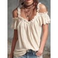 thumbnail image 6 of Women Cold Shoulder Ruffle Trim Top V Neck Short Sleeve Casual Blouse Khaki S, 6 of 7